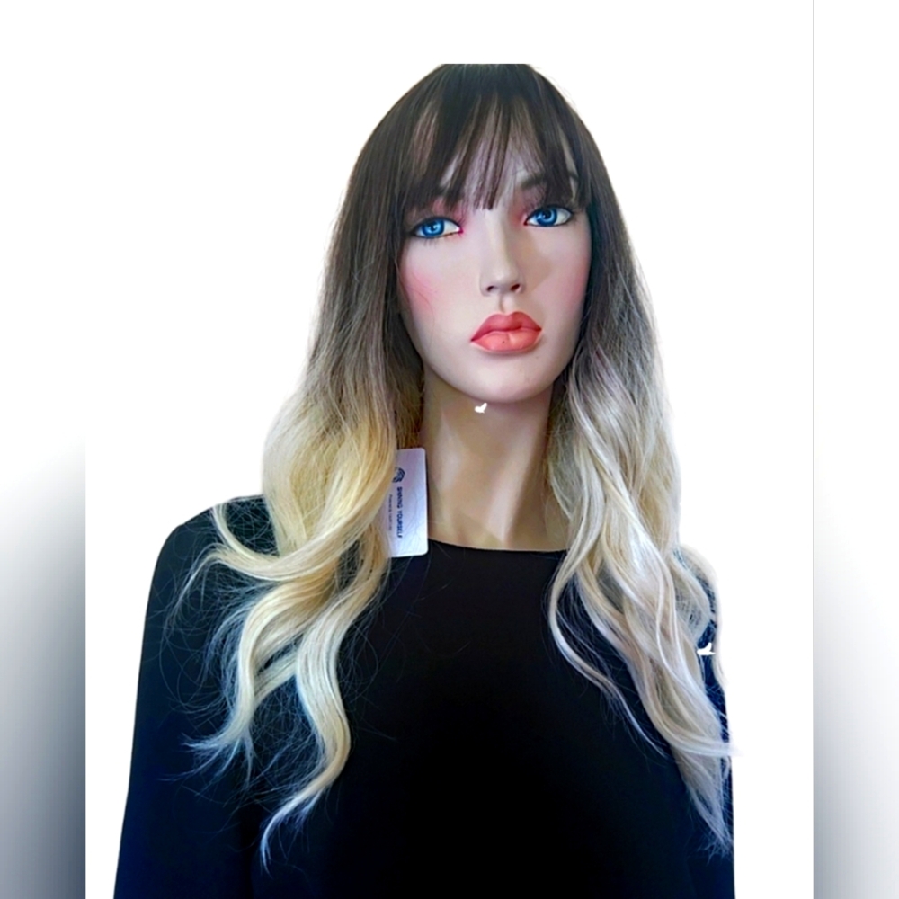 HAIRCUBE Long Wig 24" Blond & Dark Brown Ombre With Bangs Curly Synthetic NWT